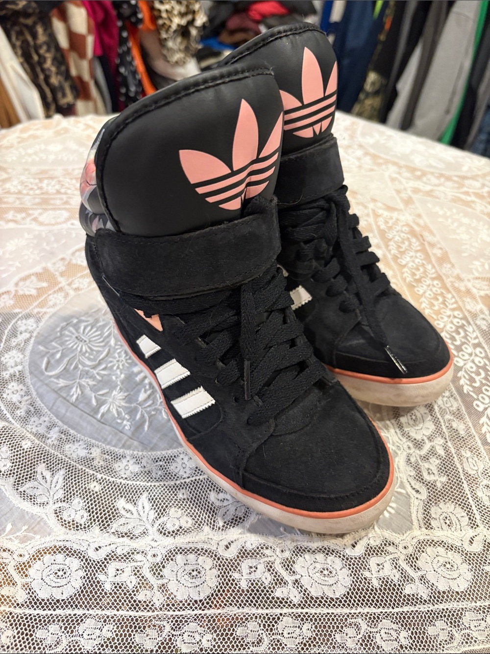 adidas Black & Pink High-Top Wedge Sneakers